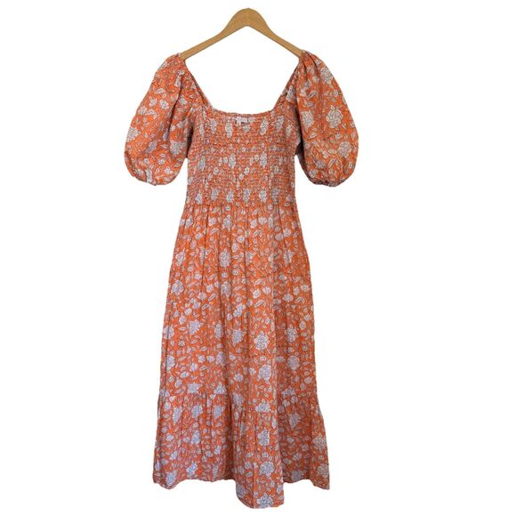 Anna Cate Maxi Dress M Orange Floral Puff Sleeve Smocked Tiered Cotton Boho - Picture 6 of 12